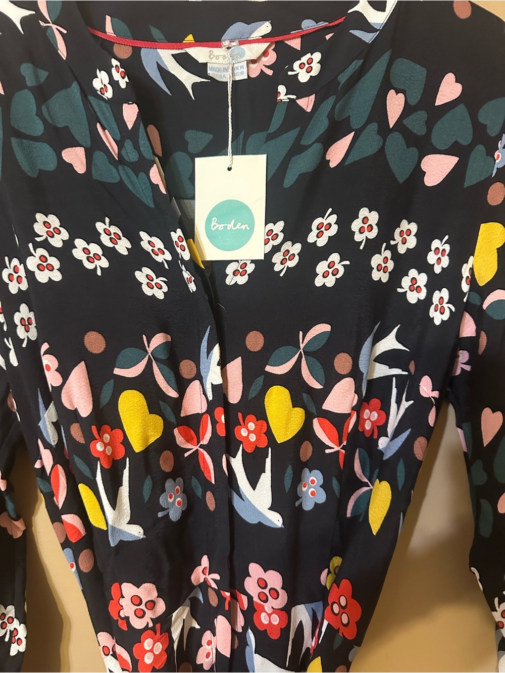 Boden Jessica Black Floral and Folk Lore Tie-Waist Long Sleeve Midi Dress - Picture 4 of 5